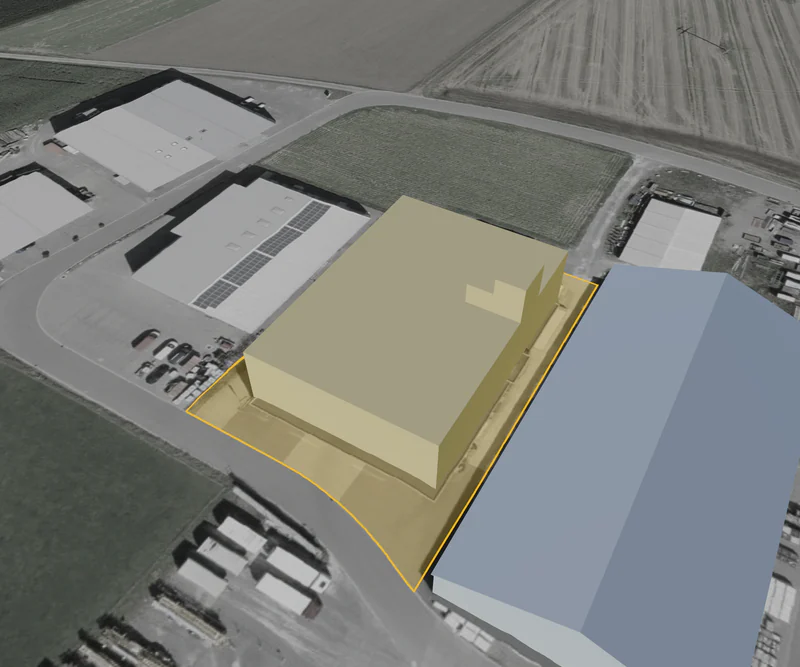Halle 10: 3D-Ansicht mit gelb markierter Parzelle 2926 in Gontenschwil