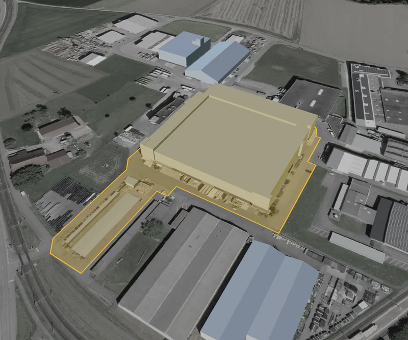 Hauptgebäude: 3D-Ansicht mit gelb markierter Parzelle 645 in Gontenschwil
