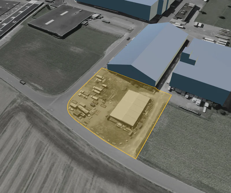 Kiesplatz mit Zelt: 3D-Ansicht mit gelb markierter Parzelle 2927 in Gontenschwil