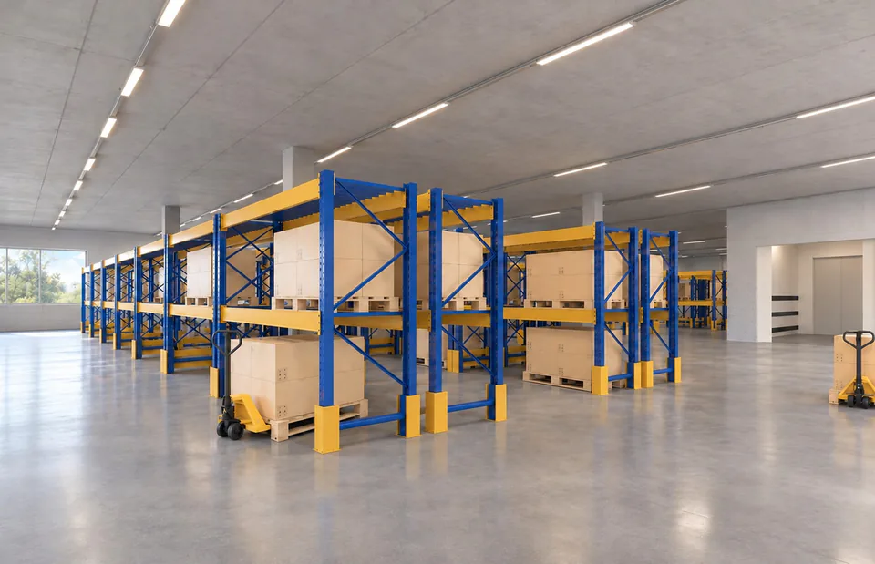 Visualisierung einer Lagerhalle mit Palettenregalen und Lagerflächen